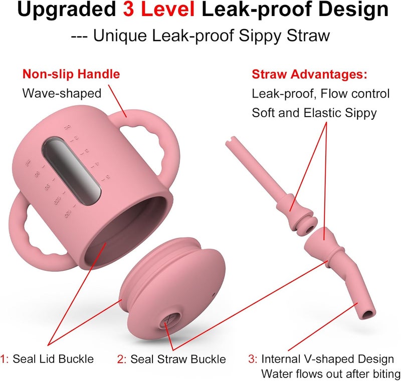 Seposeve 2 Pack Silicone Sippy Cups, Leak-Proof Baby Straw Cup for 6-12 Months, Spill Proof Toddler Cup with Straw 1-3 Years, with Capacity Marking, Non-slip Handle, Flow Control, 6 oz, Purple Pink - Image 2
